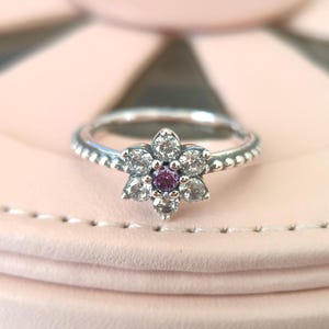 忘れな草の紫の花の指輪、女性用指輪、ファッションジュエリー、彼女へのギフト、925 スターリングシルバー