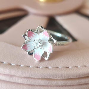 回転式ピンク桜フラワーリング、女性用リング、ファッションジュエリー、彼女へのギフト、925スターリングシルバー