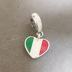 Italy Flag Heart Dangle Charm: 925 Sterling Silver Pendant