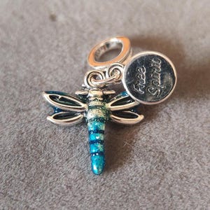 Könnte beinhalten: Silberner Anhänger mit einem blauen und grünen Libellen-Design und einem runden silbernen Anhänger mit dem Text "Free Spirit" darauf.