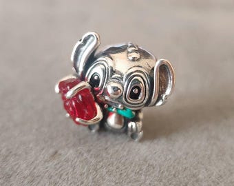 Pingente Stitch Rosa Vermelha da Disney: para Pulseira Pandora, Joia artesanal, Prata 925, Presente elegante