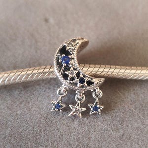 Sparkling Blue Star & Crescent Moon Charm For Pandora Charms Bracelets DIY Necklace Pendant Gift for her 925 Silver Fashion Jewelry