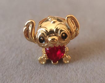 Pingente Stitch Coração Vermelho da Disney: para Pulseira Pandora, Joia artesanal, Banhado a ouro, Bijuteria da moda.
