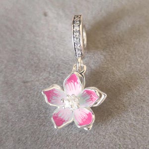 Pink Cherry Blossom Flower Dangle Charm For Pandora Charms Bracelets DIY Necklace Pendant Gift for her 925 Sterling Silver Charm Hanging