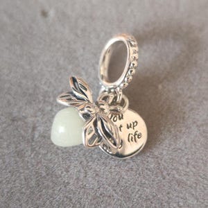 Puede incluir: Encanto de plata con una cuenta blanca que brilla en la oscuridad y un diseño de abeja. El encanto también tiene un disco redondo con el texto "You got this life".