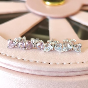 925 スターリングシルバー 輝くクリアとピンクの小さなリボンスタッドイヤリング、女性用イヤリング、ファッションジュエリー、彼女へのギフト