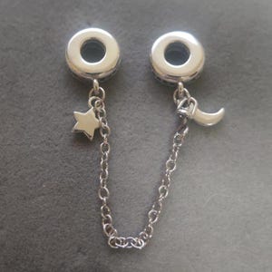 Star and Moon Safety Chain Fits Pandora Charm Bracelets DIY Necklace Pendant Gift for her 925 Silver Fashion Handmade Jewelry For Women Girl
