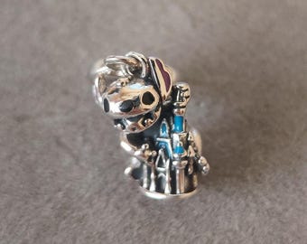 Stitch & Blue Castle Dangle Charm: 925 Sterling Silver Pandora Bracelet Charm