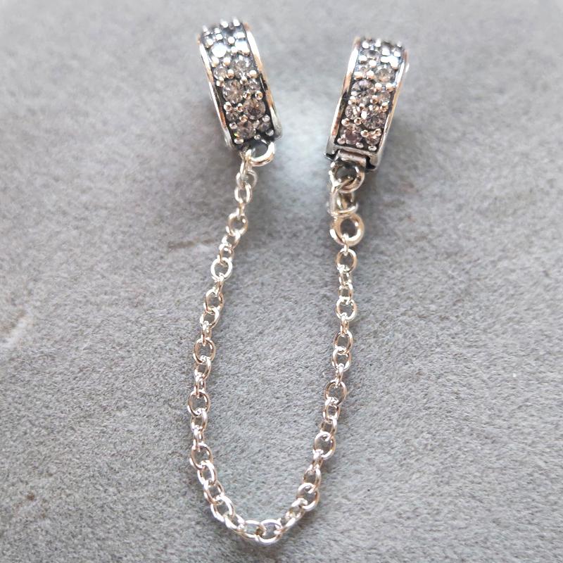 Clear CZ Clip Safety Chain Charm For Pandora Charms Bracelets DIY Necklace Pendant Gift for her 925 Sterling Silver Charm Gift for him