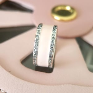 ピンクエナメル CZ パヴェ ハート バンド リング、女性用リング、ファッションジュエリー、彼女へのギフト、925 スターリングシルバー