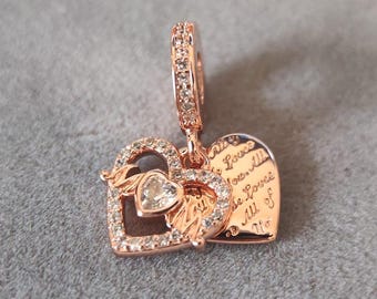 Rose gold MOM Heart Double Dangle Charm Fits Pandora Charms Bracelets DIY Necklace Pendant Gift for her