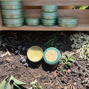 May include: Several stacks of light green metal tins on a wooden shelf. Two tins are open, revealing a yellow salve. One tin is labeled "Kirby's Earth Anti-Viral Salve 1 oz.". The scene is surrounded by plants and flowers.