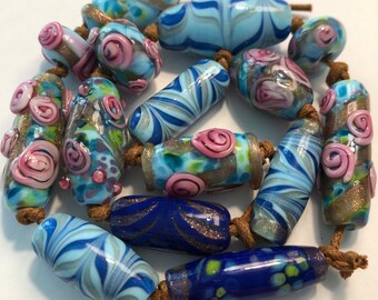 Blue, Rose and Gold Floral Chevron Lampworked Bead Set #1