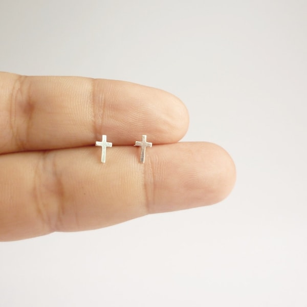 Small 925 Sterling Silver Cross Stud Earrings  Cross Post Earrings  Minimal Jewelry - Bridesmaid Gift - Valentines Gift Second Hole Earrings