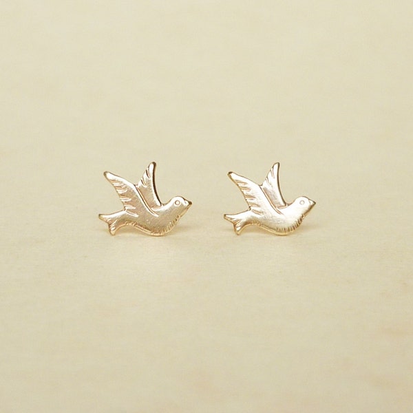 Teeny Tiny Brass Gold Flying Dove Bird Stud Earrings 925 Sterling Silver Posts,Bridesmaid Gift. Minimal Jewelry,Everyday Jewelry,Animal