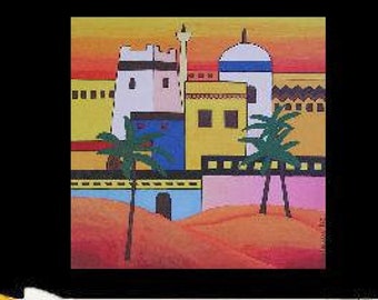 Arab Town ... peinture, 15,7x15,7", 40x40 cm, acrylique, toile, oriental, ville, village, culture, tradition, tribal, fantastique, contemporain