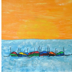 Sea Nomades in Asia...  painting, 15.7x15.7&quot;, 40x40 cm, acrylic, canvas, fishermen, boats, culture, tradition, fantasy, sea, ocean, original