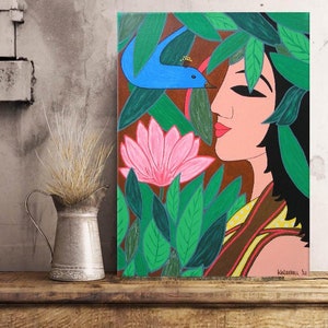 Bali Girl with Bird II ... painting, 11.81x15.75&quot;, 30x40 cm, Bali style, girl, figure, bird, culture, tradition, fantasy, acrylic, original