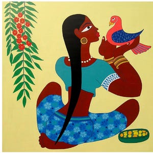 Bali Girl with Bird I ... painting, 39.37x39.37&quot;, 100x100 cm, Bali style, girl, figure, bird, culture, tradition, fantasy, acrylic, original