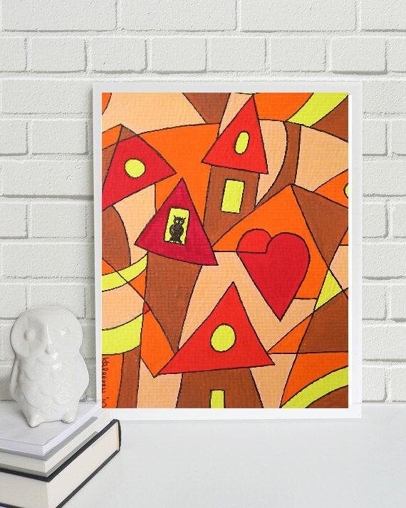 Small Owl Gouache Painting: Abstract Cityscape Art (4.1"x5.8")