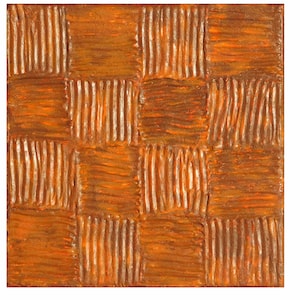 Può includere: Dipinto astratto con un motivo a scacchiera in tonalità di marrone e arancio. La vernice è applicata con pennellate spesse e testurizzate, creando un effetto tridimensionale.