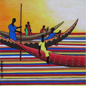 African Fishermen ...  painting, 15.7x15.7&quot;, 40x40 cm, acrylic, canvas, fishermen, boats, culture, tradition, fantasy, decoration, wall art