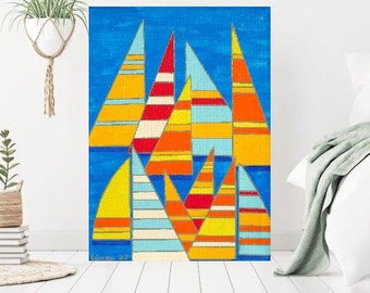 Sailing Boats ... original painting, 11.81 x 15.45", 30x40 cm, acrylic, ocean, sport, sailboat, ooak, wall decoration, ocean, sea, original