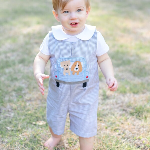 Grey Gingham Puppies in Truck Shortalls