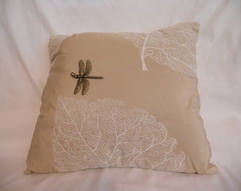 Larsen Textiles DRAGONFLY, Embroidered White Leaves on Beige Silk Blend Pillow, for Livingroom, Office or Bedroom.