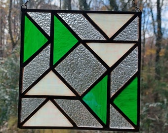 Real Stained Glass EVERGREEN SQUARE Suncatcher, Green/White, Ready to Hang, Great Gift for Mother, Sister, Friends