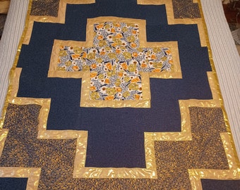 Handmade Twin Bed Sized Quilt BLUE & GOLD LIMOGES, Blue/Gold Lame'  French Floral and Metallic Quilt for Bed, Couch, Settee