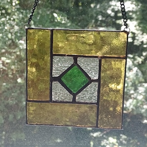 Real Stained Glass FLOATING DIAMOND Suncatchers, Yellow/Green or Blue/Yellow/Green, Ready to Hang, Great Gift for Friends, Family, Coworkers