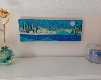 Handmade Moon on Hills Small Quilted Wall Hanging, Original, Blues and Greens, Ready to Hang