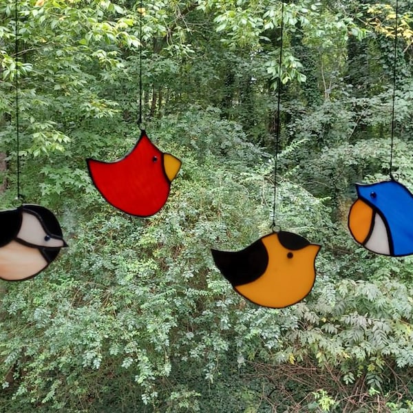 Real Stained Glass Bird Suncatchers, Various Colors, Ready to Hang, Cardinal, Bluebird, Goldfinch, Chickadee, Songbird, Bird Watcher Gift