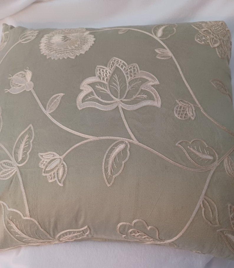 COLFAX AND FOWLER Embroidered Silk French Floral Feather Pillow, Sage Green/Ivory image 1