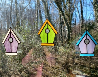 Real Stained Glass Birdhouse Suncatcher, Various Colors, Ready to Hang, Great Gift for Mom, Housewarming, Friends, Bird Lovers