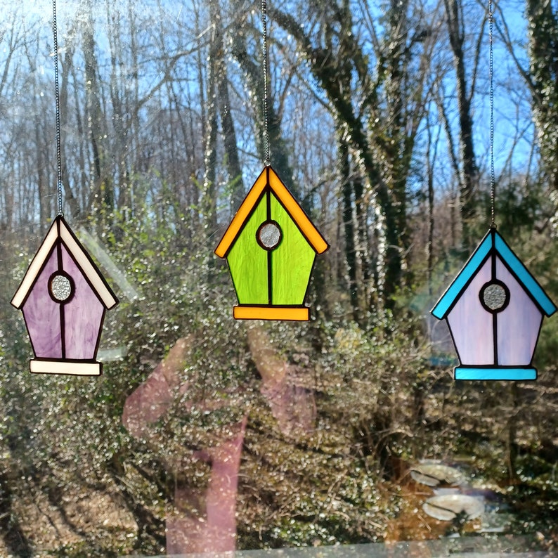 Real Stained Glass Birdhouse Suncatcher, Various Colors, Ready to Hang, Great Gift for Mom, Housewarming, Friends, Bird Lovers image 1