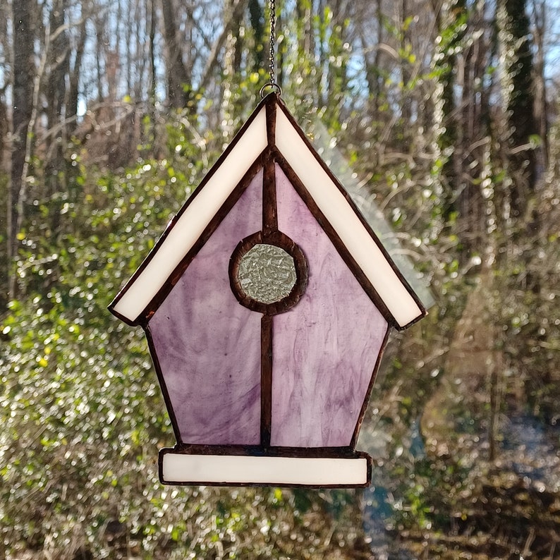 Real Stained Glass Birdhouse Suncatcher, Various Colors, Ready to Hang, Great Gift for Mom, Housewarming, Friends, Bird Lovers Purple