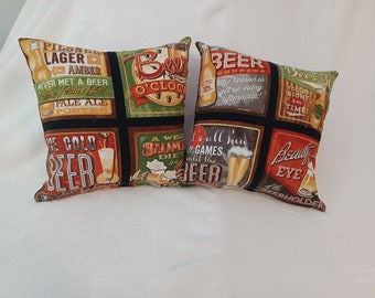 Handmade BEER Throw Pillows in Brown/Green/Black for Den, Sofa, Gift for Dad or Guys. Black, Rust or Cream Back