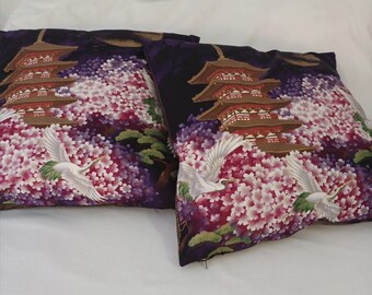 Contemporary Asian Feather Pillows, PAGODA AND CRANES, Handmade, Black/Purple/Gold, Set of 2 for Chairs, Sofa, Couch, Bedroom or Living Room