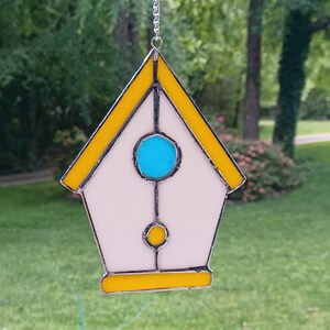 Real Stained Glass Birdhouse Suncatcher, Various Colors, Ready to Hang, Great Gift for Mom, Housewarming, Friends, Bird Lovers White