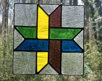 Real Glass "Woven Star" Suncatcher, Modern Primary Colors/Clear, Ready to Hang