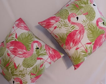 Indoor/Outdoor FLAMINGOS Pillows for Chairs, Sofa, Couch, Deck, Pool. Handmade Contemporary in Hot Pink and Green