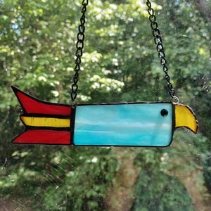Real Stained Glass Whimsey Hawk, Blue/Red/Yellow, Ready to Hang, Great Gift for Family, Friends, Coworkers.