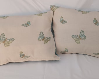 Indoor/Outdoor Butterflies by Duralee in Aqua/Cream Throw Pillows for Sofa, Chairs, Patio, Pool