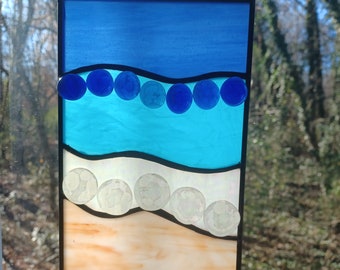 Real Stained Glass BEACH DAY Suncatcher, Blue/Tan w/Actual Shells, Ready to Hang