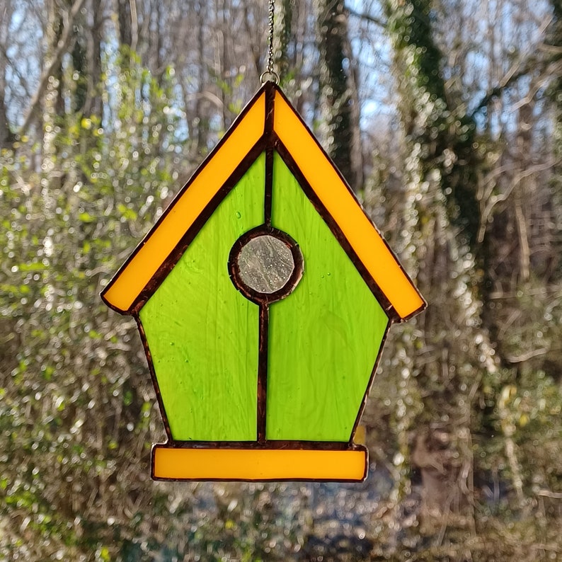 Real Stained Glass Birdhouse Suncatcher, Various Colors, Ready to Hang, Great Gift for Mom, Housewarming, Friends, Bird Lovers Green