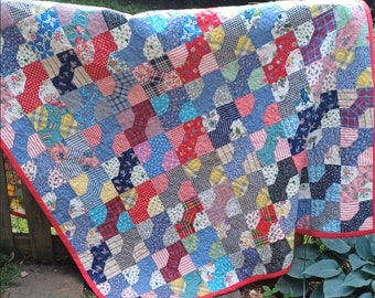 Handmade BACK to FRONT Quilt, Twin XL, Hand-Sewn Top in Vintage Fabrics, Rainbow Colors, Feed Sack Fabrics