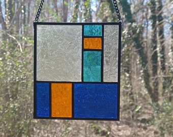 Real Stained Glass OCEAN SUNSET Suncatcher, , Ready to Hang, Blue/Aqua/Orange, Great for Gifts