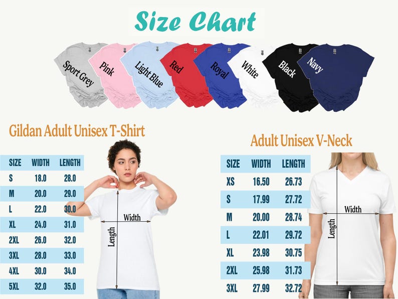K&ouml;nnte beinhalten: Eine Gr&ouml;&szlig;entabelle f&uuml;r Gildan Adult Unisex T-Shirts und V-Ausschnitt-Shirts. Die Tabelle zeigt die Ma&szlig;e f&uuml;r die Gr&ouml;&szlig;en XS bis 5XL, mit Breite und L&auml;nge in Zoll. Verschiedene T-Shirt-Farben sind abgebildet.